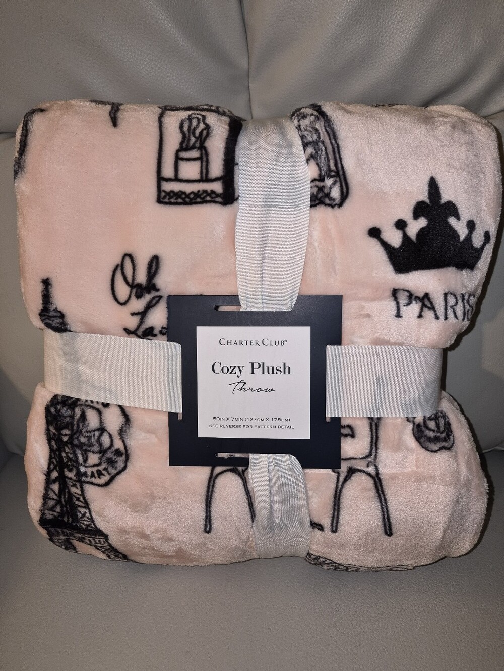 Charter Club Plush Throw - Light Pink with Black Paris Motif - B